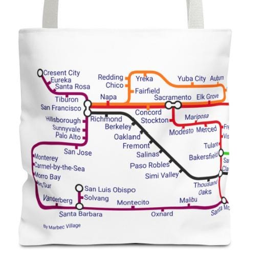 California Transit Map Tote Bag: SF, LA, San Diego - Eco-Friendly Canvas