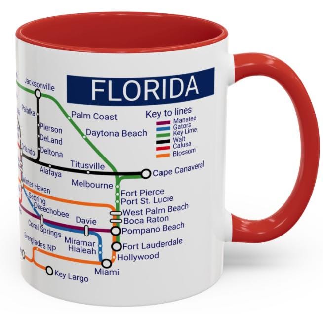 Florida Metro Mug: Ceramic Coffee Cup - Miami to Tallahassee