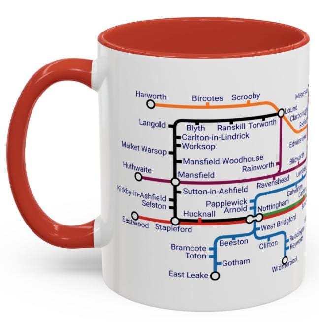 Nottinghamshire Metro Map Mug: Colorful Ceramic Coffee Cup