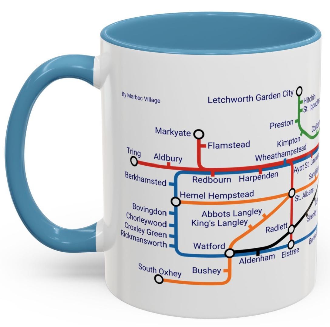 Hertfordshire Metro Map Mug: Unique Ceramic Coffee Mug