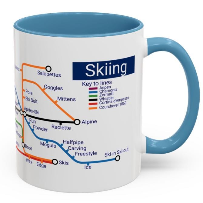 Skiing Metro Map Mug: Winter Sports Enthusiast Gift