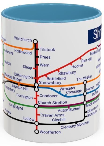 Shropshire Metro Mug - Explore Shropshire, featuring Shrewsbury, Telford, Ludlow, Oswestry, Bridgnorth, and Whitchurch
