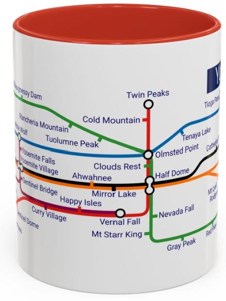 Yosemite Metro Map Mug: Valley Landmarks Ceramic Coffee Cup