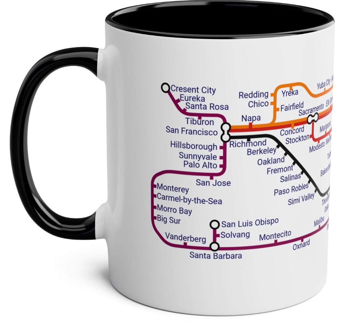 California Metro Mug: San Francisco to San Diego Map, Ceramic 11oz