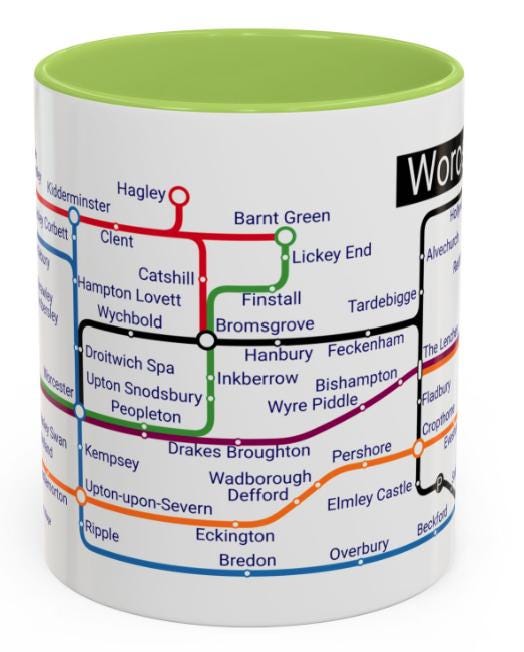 Worcestershire Metro Map Mug: Unique Towns & Villages Ceramic Mug