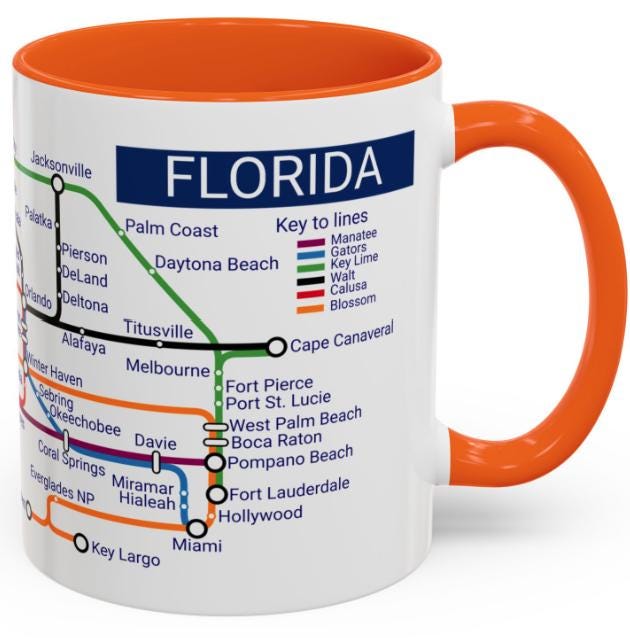 Florida Metro Mug: Ceramic Coffee Cup - Miami to Tallahassee