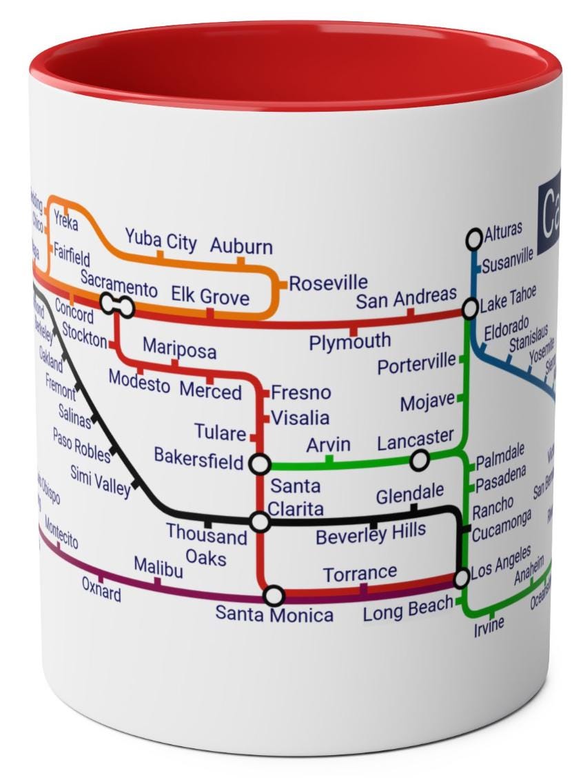 California Metro Mug: San Francisco to San Diego Map, Ceramic 11oz