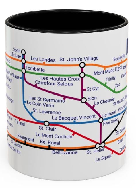 Jersey Metro Map Mug: Island Landmarks, Colorful Design
