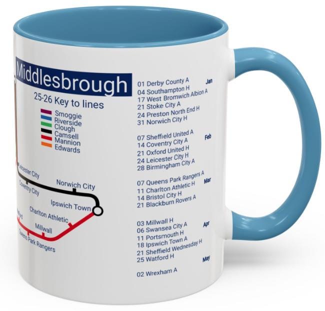 Middlesbrough Football Mug: 2025/26 Season Fixtures, Unique Fan Gift