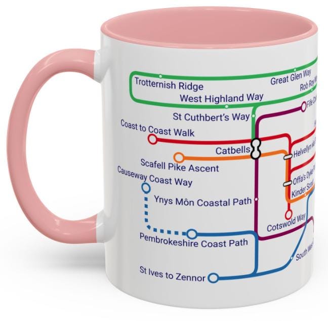 UK Walking Trails Map Mug: Hiker Gift, Metro-Style Design