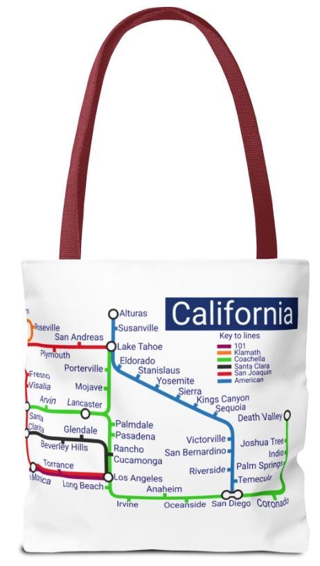 California Transit Map Tote Bag: SF, LA, San Diego - Eco-Friendly Canvas