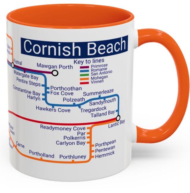 Cornwall Beach Metro Map Mug: Coastal Lover Gift