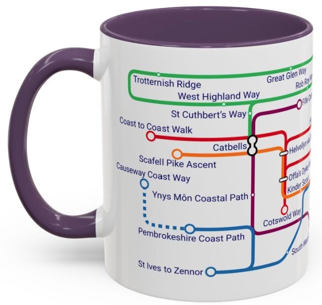 UK Walking Trails Map Mug: Hiker Gift, Metro-Style Design