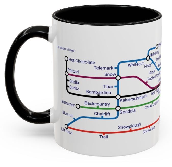 Skiing Metro Map Mug: Winter Sports Enthusiast Gift