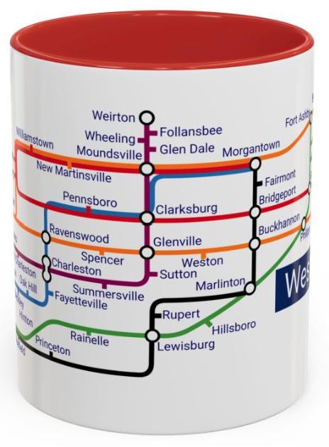 West Virginia Metro Mug: WV Transit Map Coffee Cup - Mountain State Gift