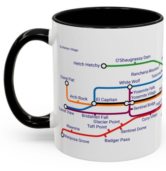 Yosemite Metro Map Mug: Valley Landmarks Ceramic Coffee Cup