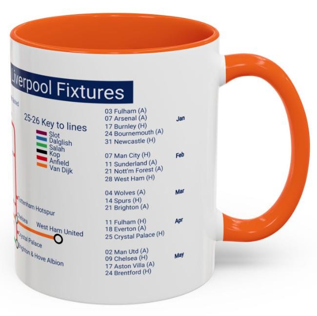 Liverpool 25/26 Season Fixtures Mug: Anfield Gift, Ceramic 11oz
