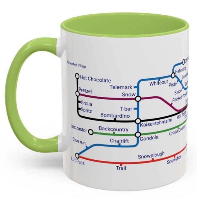 Skiing Metro Map Mug: Winter Sports Enthusiast Gift