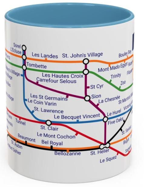 Jersey Metro Map Mug: Island Landmarks, Colorful Design